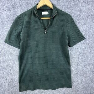 Topman Polo Shirt Men Medium Green Plaid Cotton Quarter Zip Tennis Sports Resort